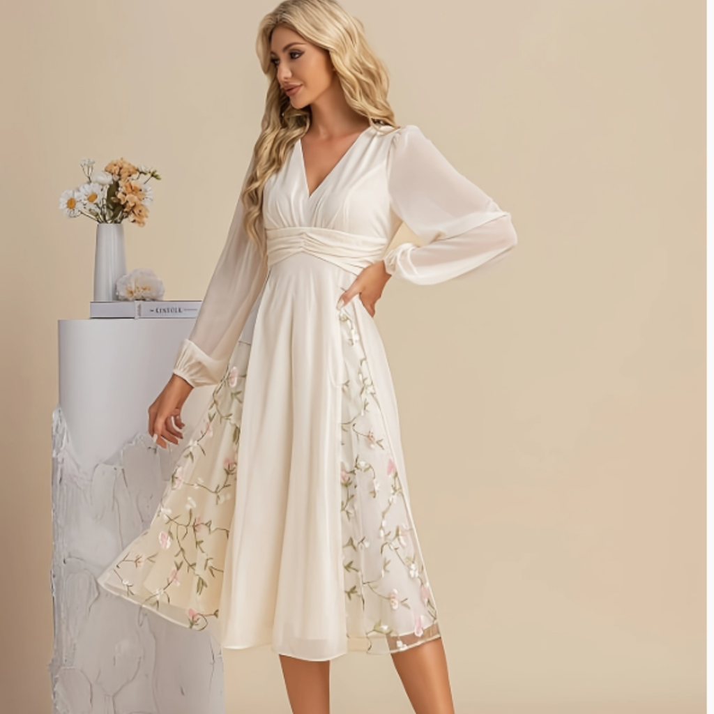 Elegant Women’s Floral Pleated Dress with Long Sleeves & V-Neck