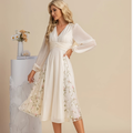 Elegant Women’s Floral Pleated Dress with Long Sleeves & V-Neck