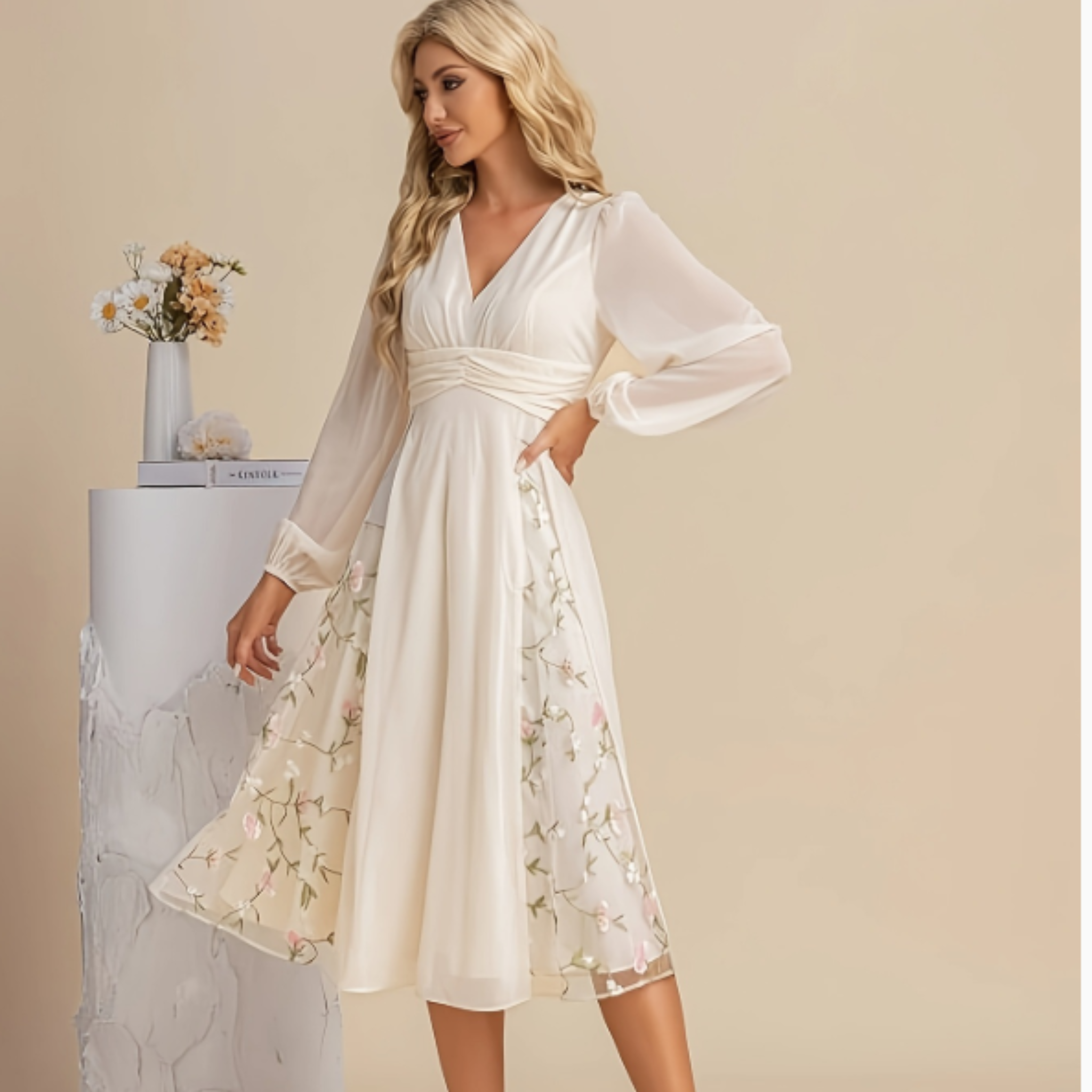 Elegant Women’s Floral Pleated Dress with Long Sleeves & V-Neck