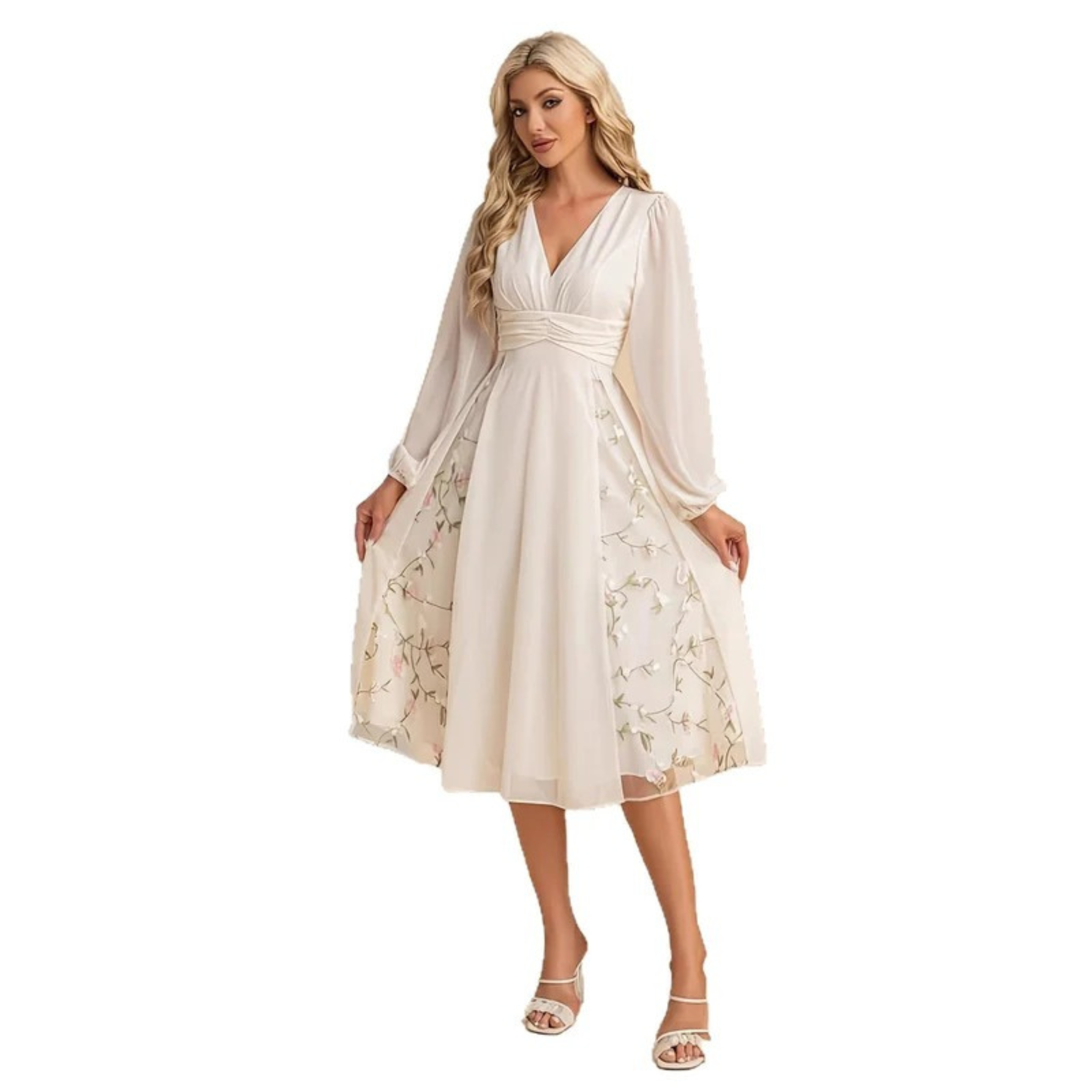 Elegant Women’s Floral Pleated Dress with Long Sleeves & V-Neck