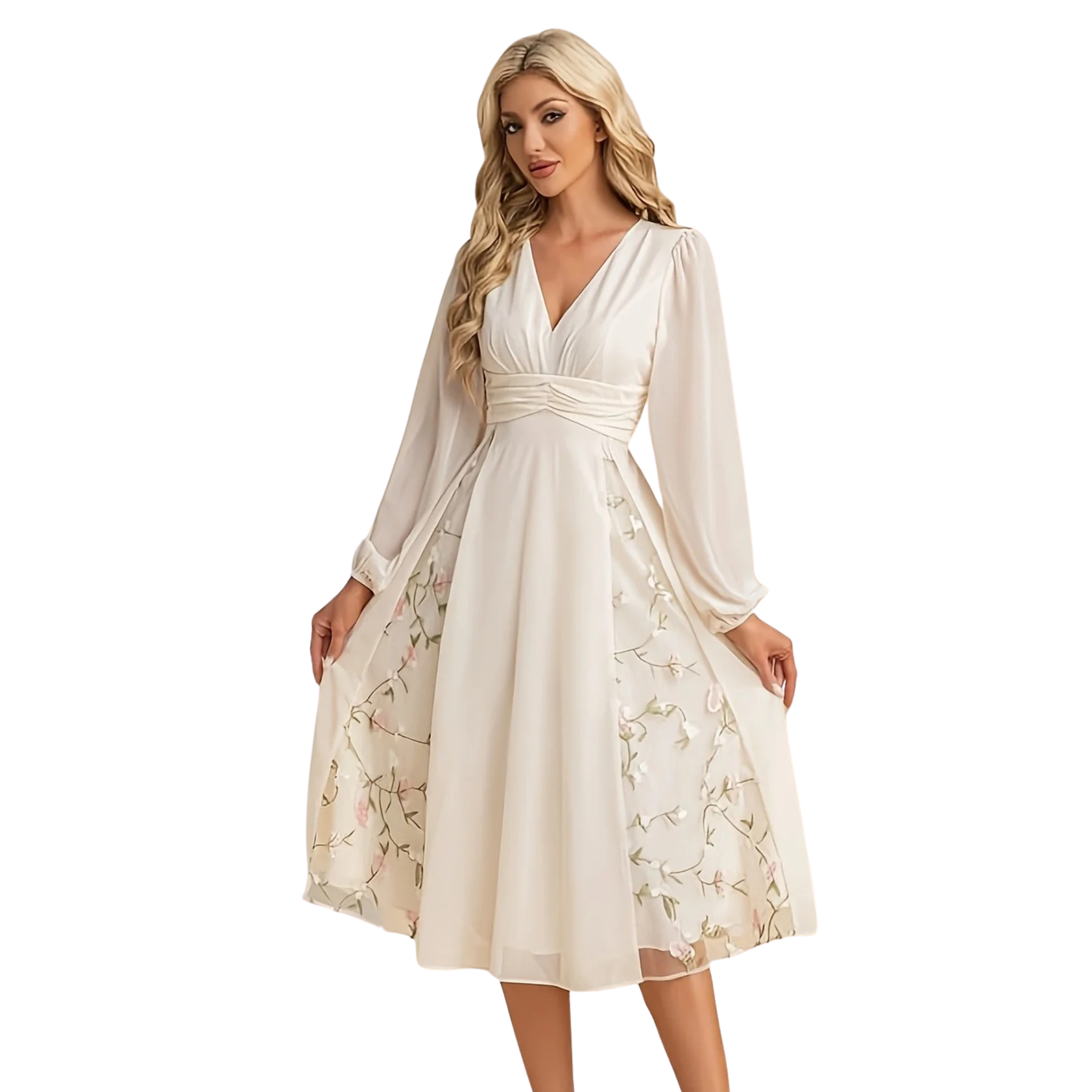 Elegant Women’s Floral Pleated Dress with Long Sleeves & V-Neck