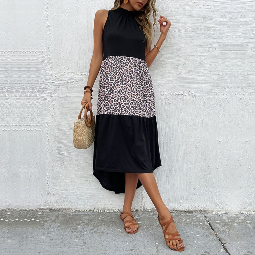 Women’s Slim Fit Halter Neck Leopard Print Patchwork Dress