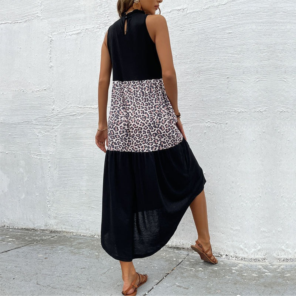 Women’s Slim Fit Halter Neck Leopard Print Patchwork Dress