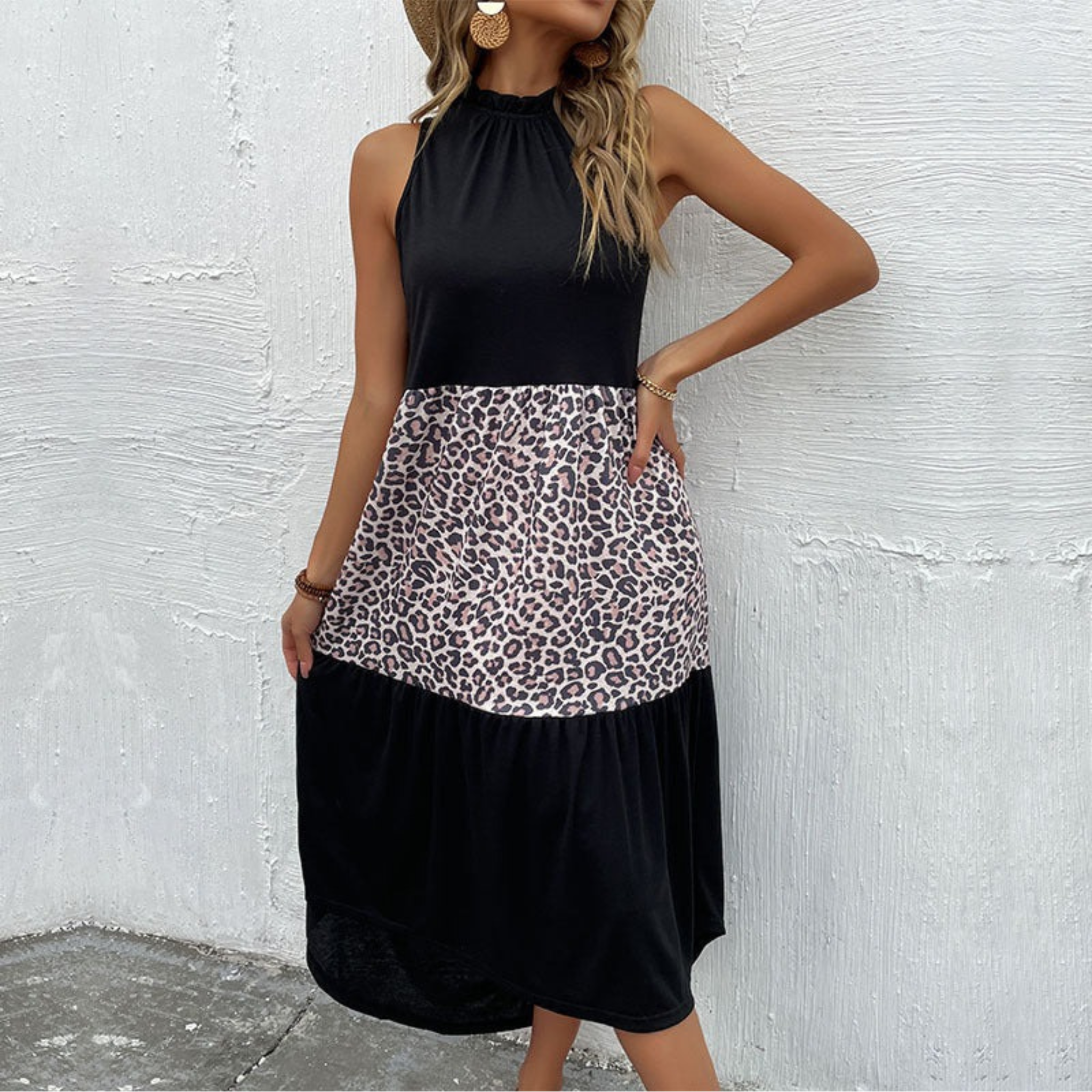 Women’s Slim Fit Halter Neck Leopard Print Patchwork Dress