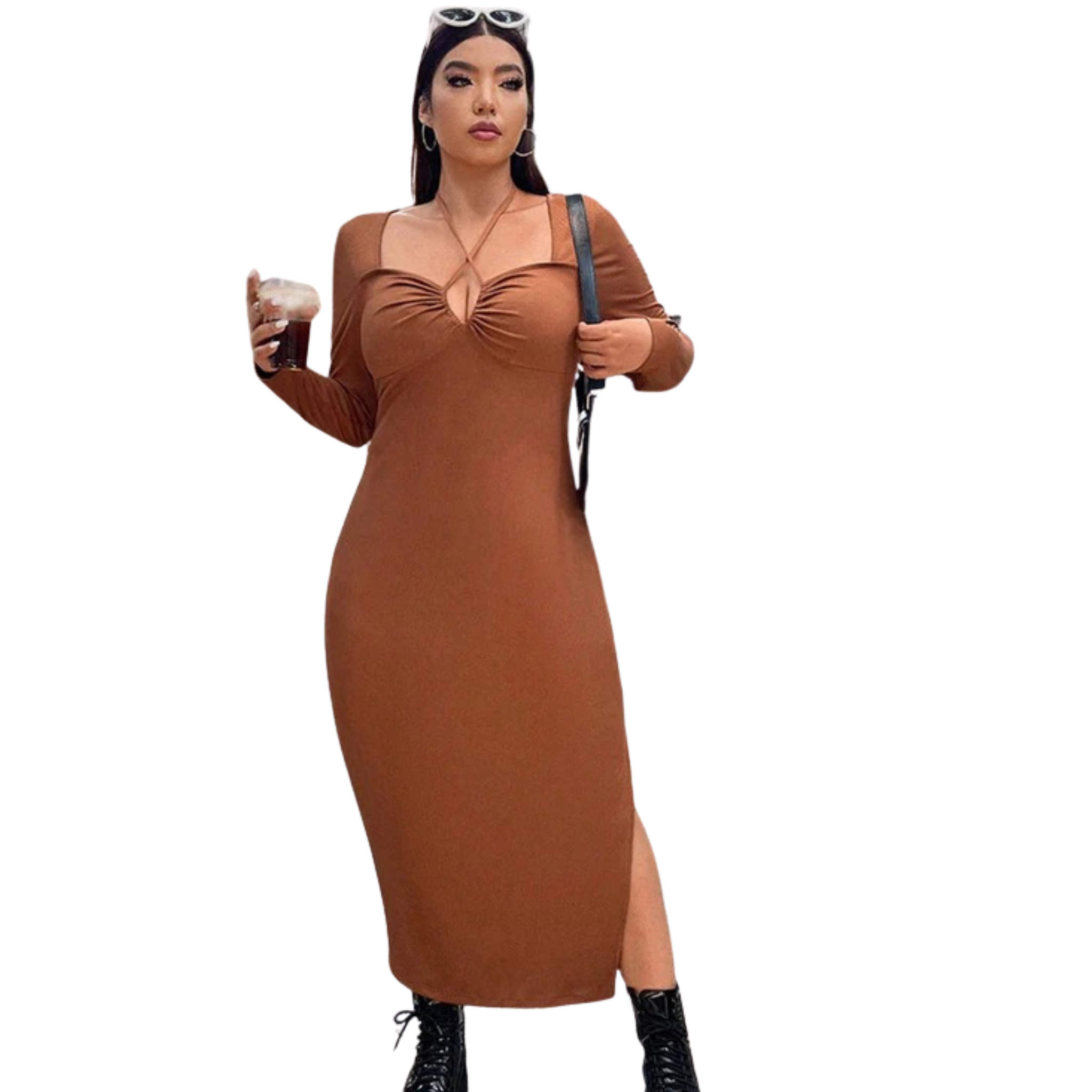 Women’s Caramel Halter Neck Dress – Elegant European American Style