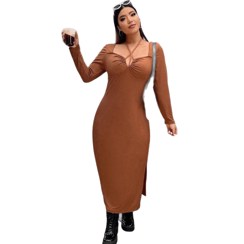 Women’s Caramel Halter Neck Dress – Elegant European American Style