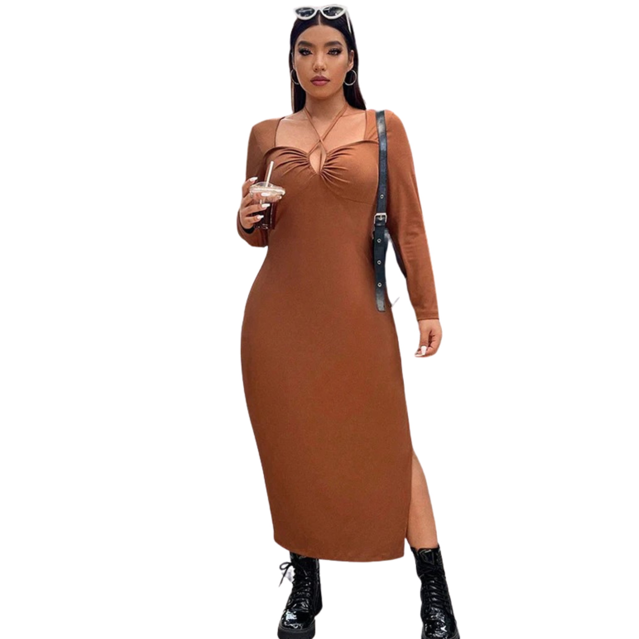 Women’s Caramel Halter Neck Dress – Elegant European American Style