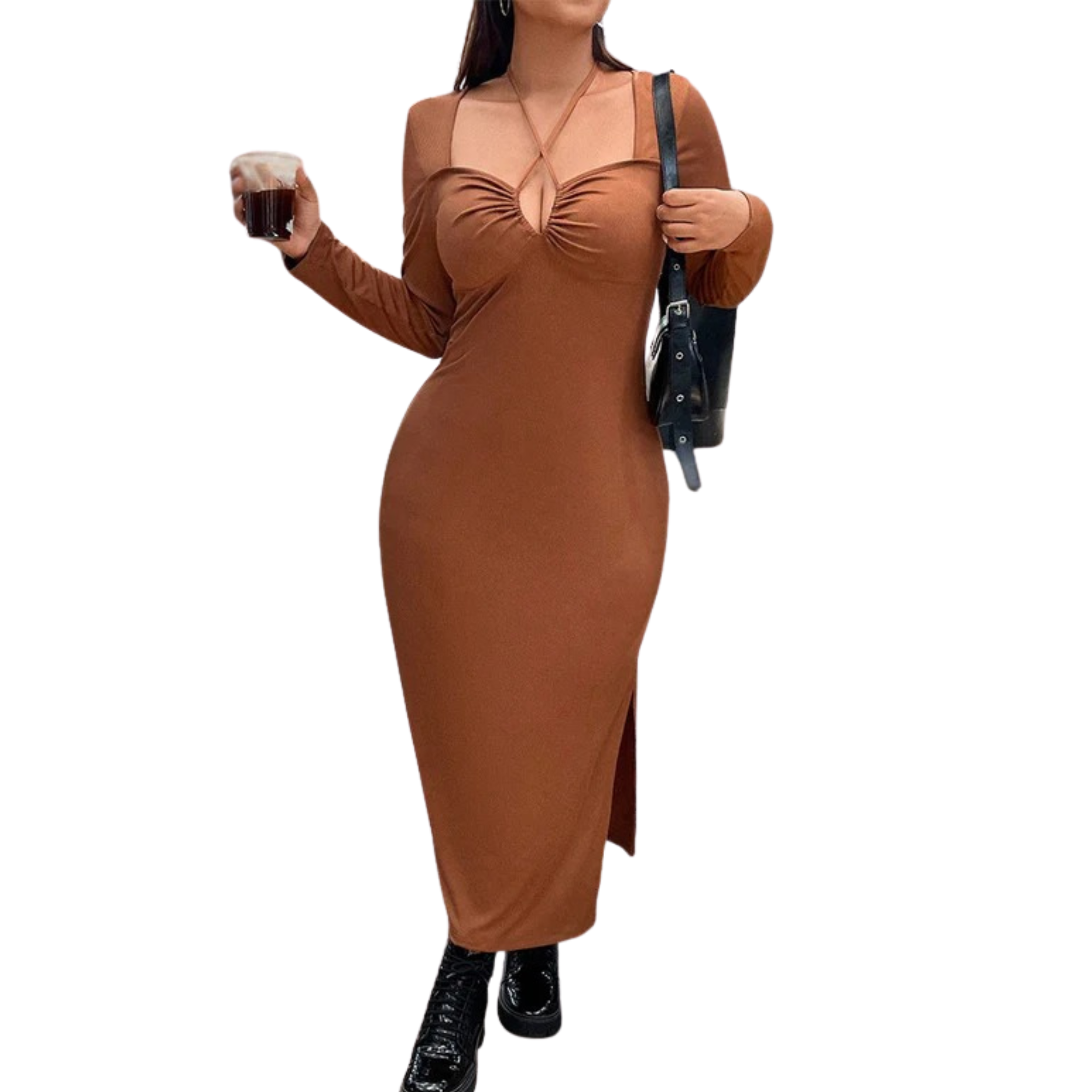Women’s Caramel Halter Neck Dress – Elegant European American Style