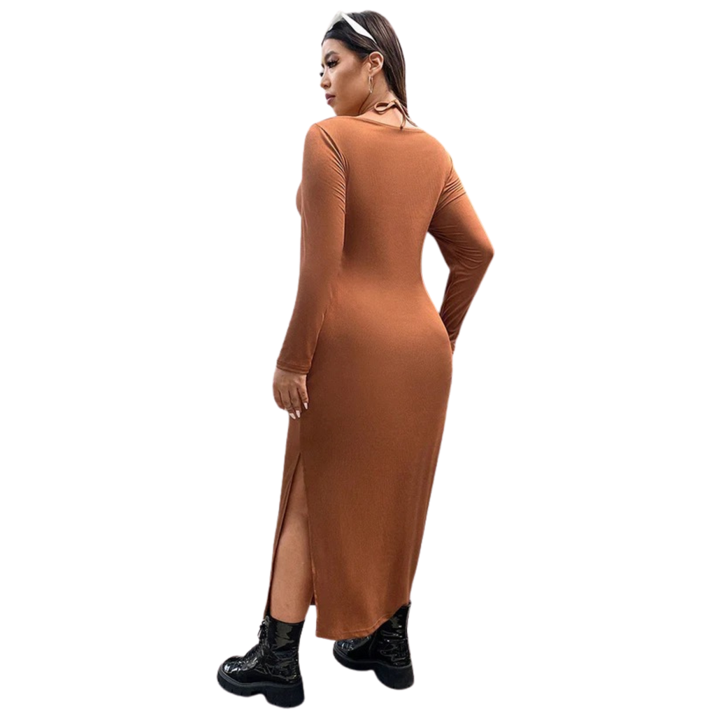 Women’s Caramel Halter Neck Dress – Elegant European American Style