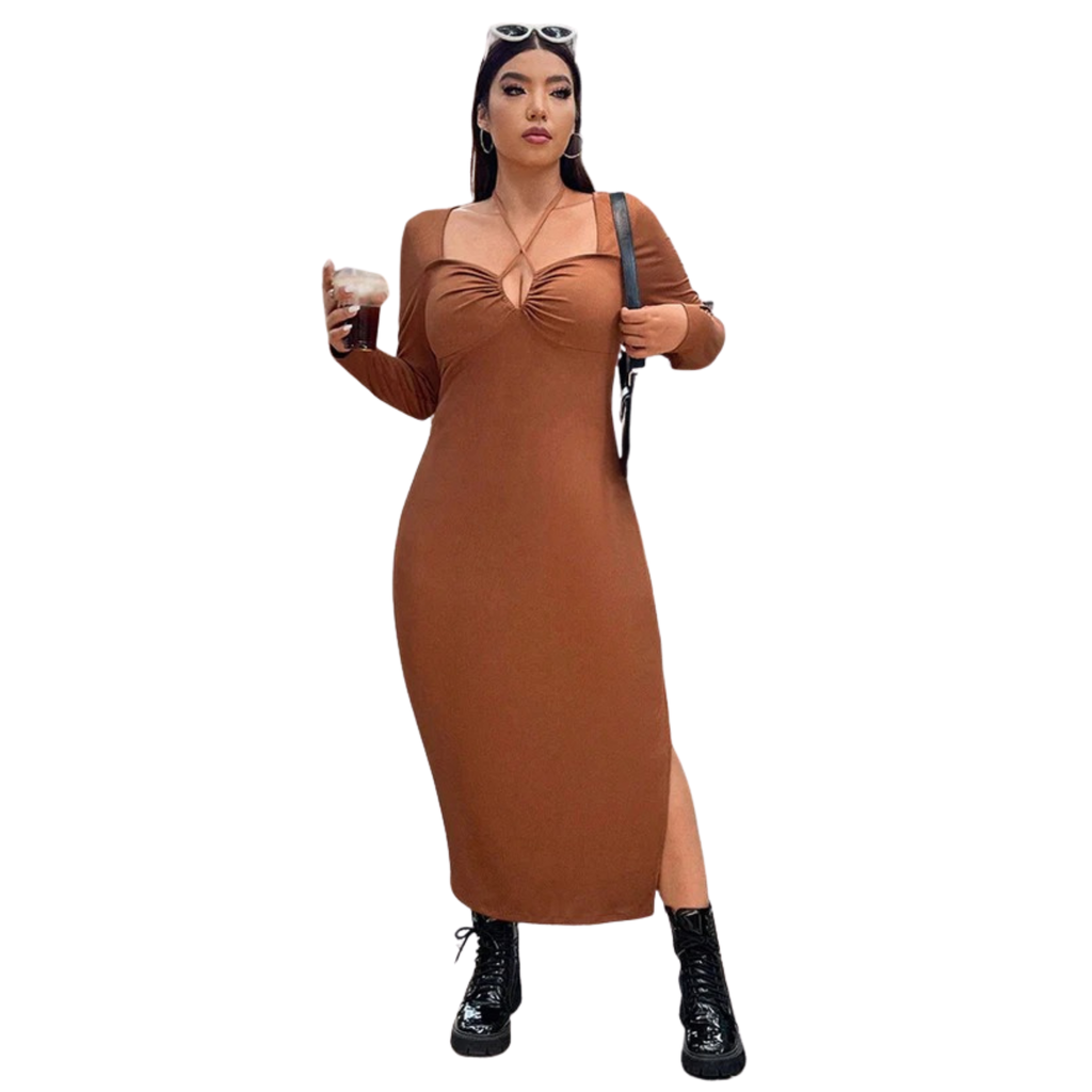 Women’s Caramel Halter Neck Dress – Elegant European American Style