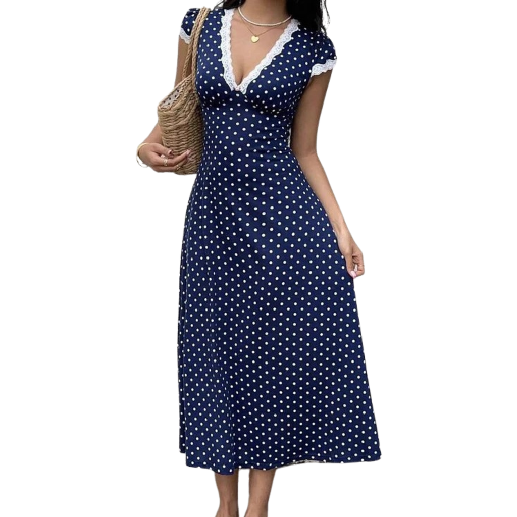 Women’s French Lace Trim Patchwork Dress – Elegant Style